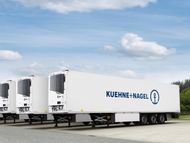View a Kuehne+Nagel truck on a road in a green landscape